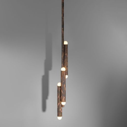Vesta Pendant – Pendelleuchte – Schwung – Massives Messing – 6 E14 LEDs – H 102 bis 192 cm